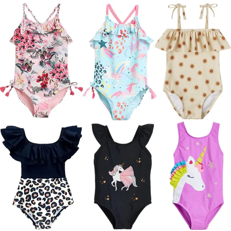 Cartoon Print Baby Girls One Piece Swimsuit for Summer Cross Halter Cute Skinny Swimming Bikini Beachwear Kids Bathing Swimwear