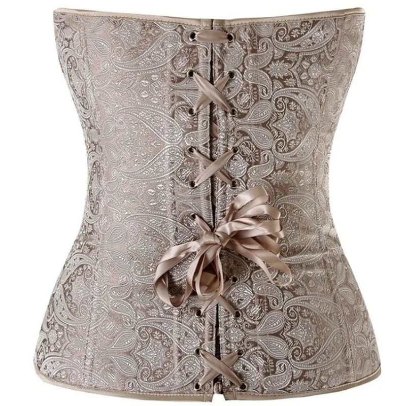 Corset Bustier Top Gold Plus Size Women Sexy Overbust Satin Vintage Flower Print Lingerie Corselet Shaper Lace up