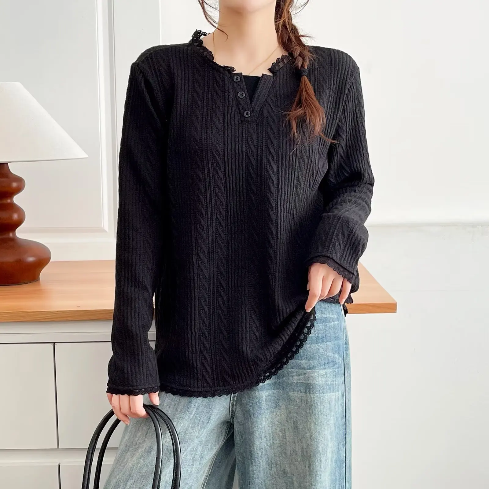 Fashion Plus Size Women's T-Shirt Lace Collar Fake Two Pieces Long Sleeved Tops Autumn 2025