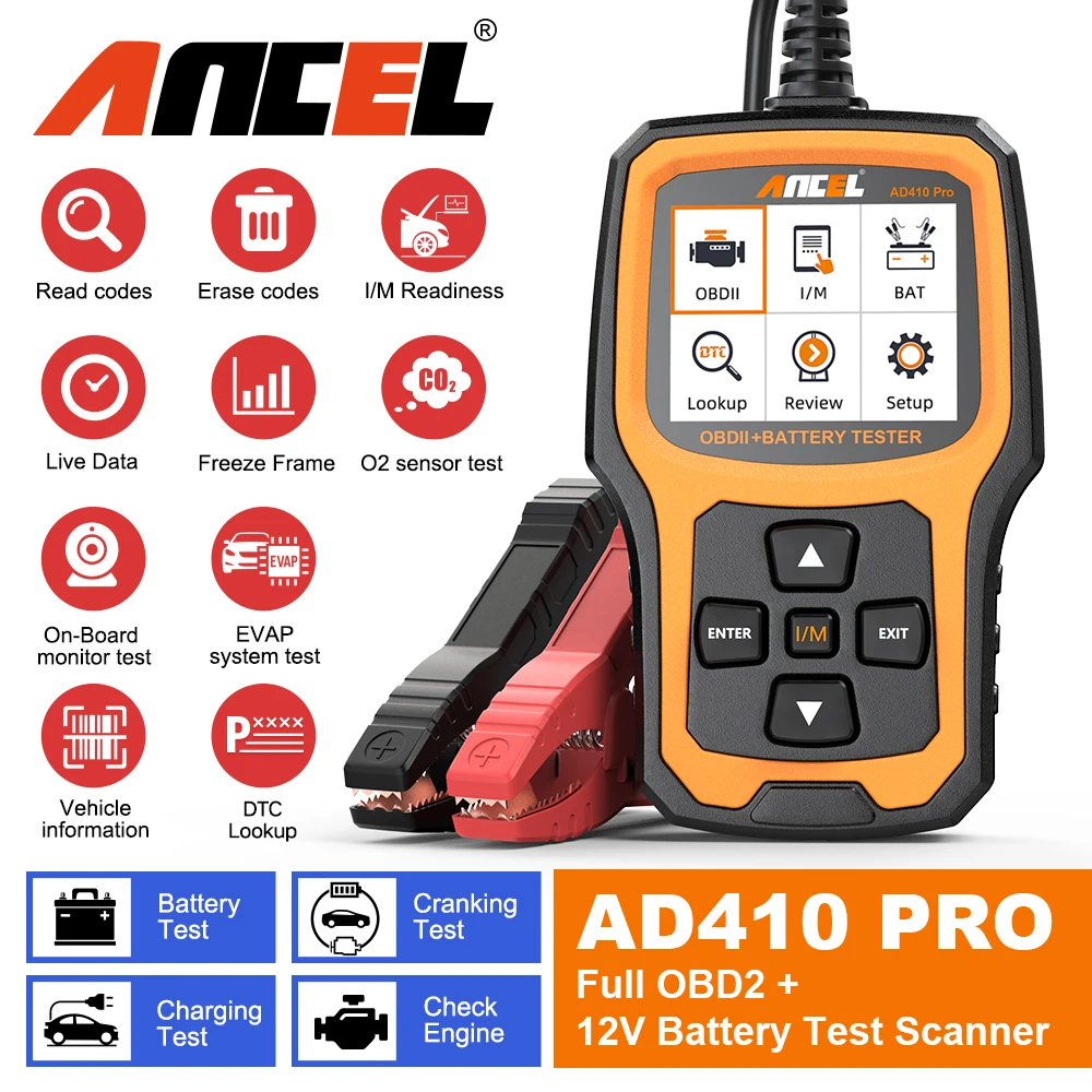 

ANCEL AD410 PRO Code Reader + Battery Test Check Engine With Full OBD2 Function Car Diagnostic Tools