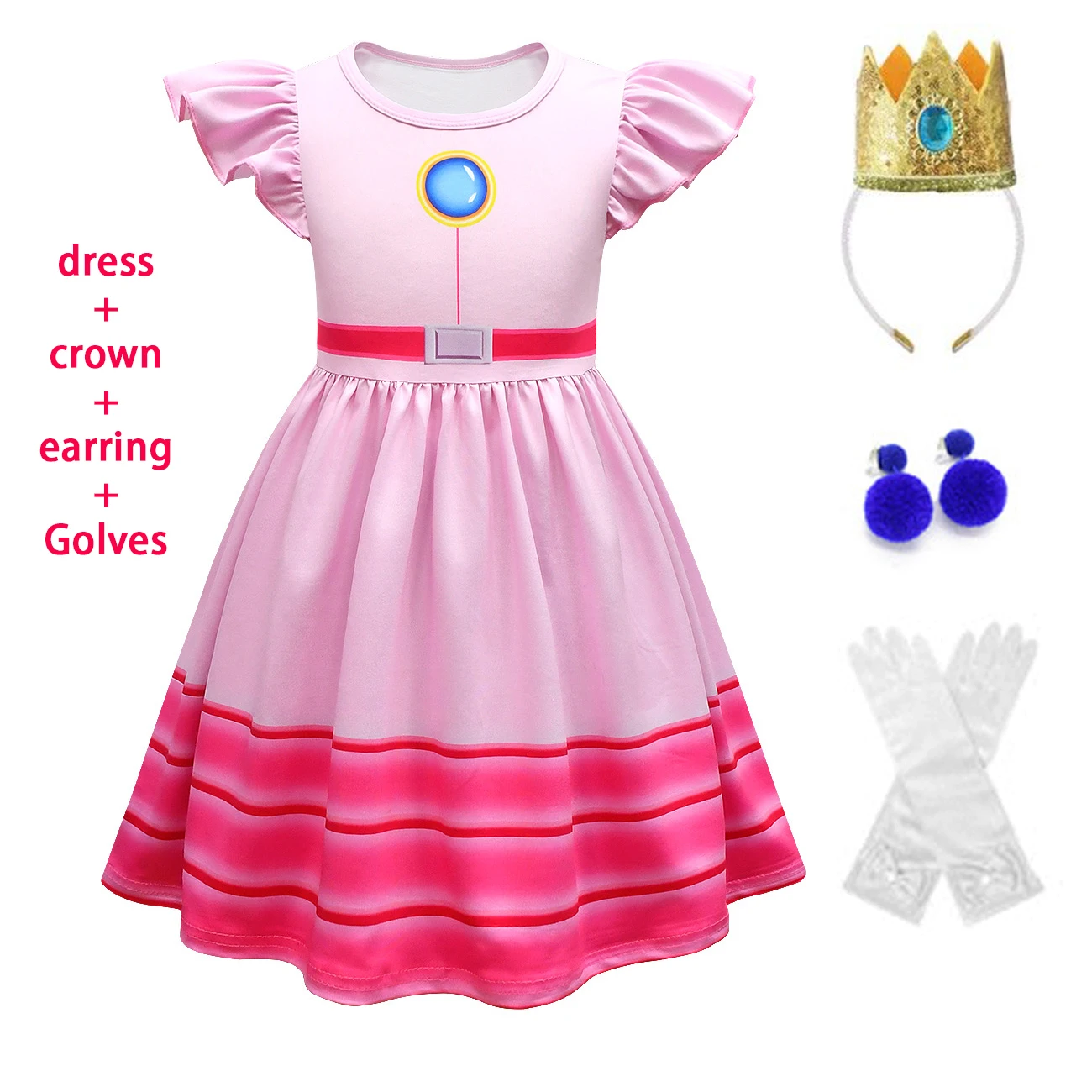 

New Girls Princess Dress Peach Cosplay Costume Flying Sleeve Vestidos Robe Children Halloween Kids Carnival Birthday Party 4-10Y