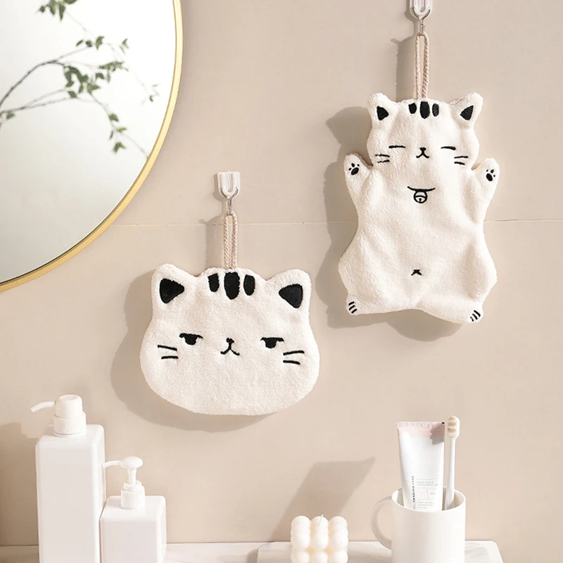 Absorbent Cute Cat Towel Bathroom Kitchen Hanging Non-shedding Pink Velvet Small Towel Hand Wiping Hand Towel