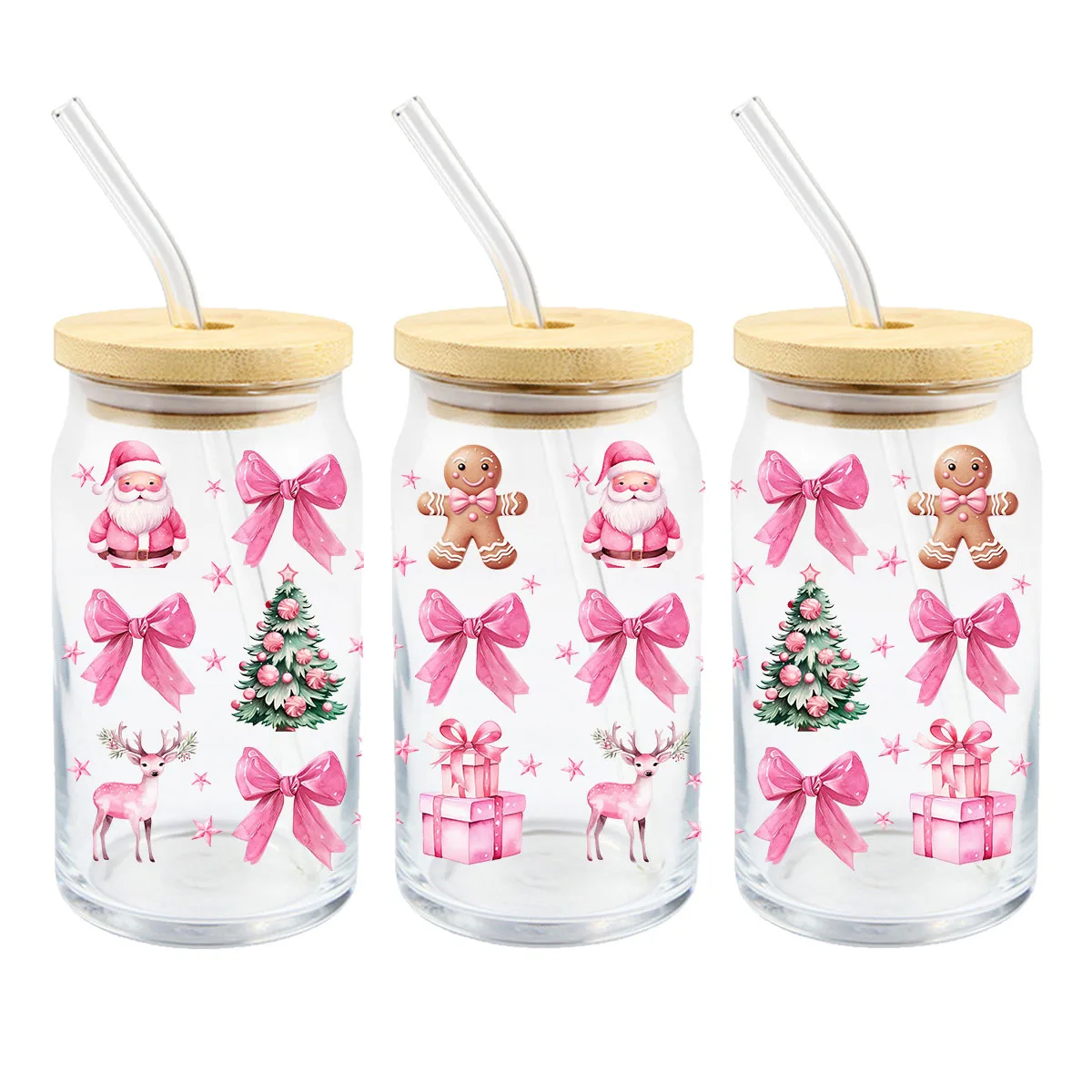 Pink Santa Claus Bow Christmas Tree UV DTF Transfer Sticker Libbey 16oz Glass Cups Wraps Coffee Mug Decals Party Xmas Home Decor