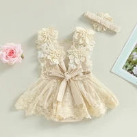 Infant Baby Girl Summer Romper Floral Lace Embroidery Romper Dress Straps Sleeveless Sweet Triangle-Bottom Jumpsuit And Headband 2