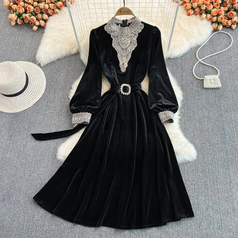 

Autumn and winter elegant floral embroidered dress feminine long-sleeved dress