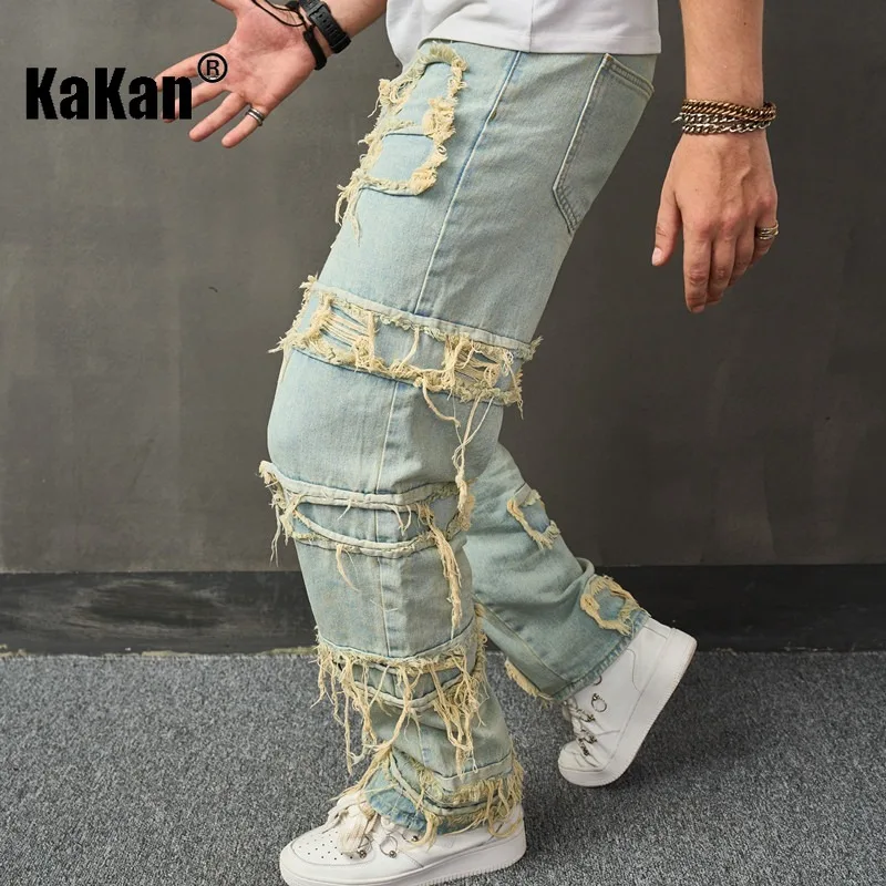 Kakan - European and American New Vintage Tassel Jeans for Men, Trendy Loose High Street Wide Leg Pants K9-2010