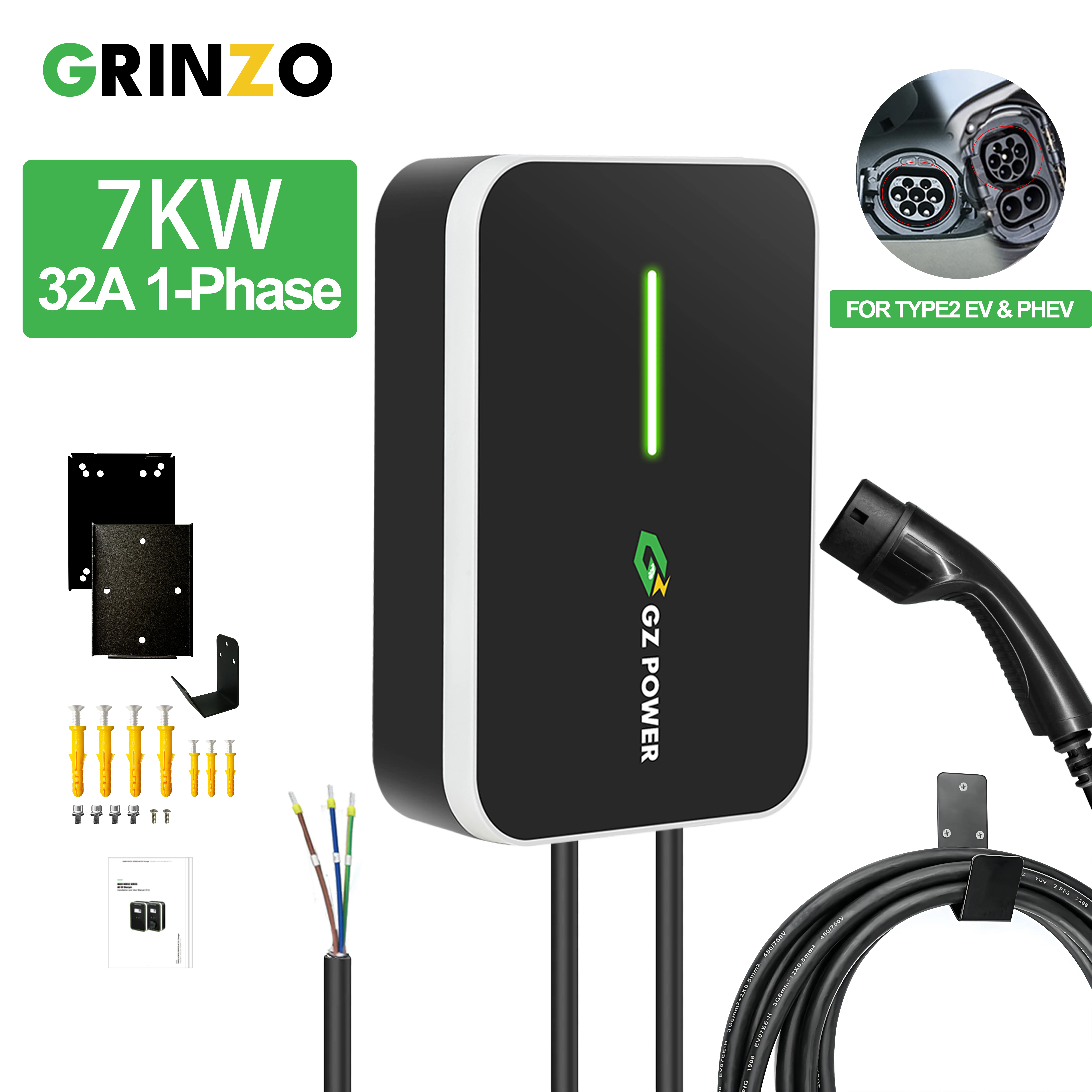 자동차 배터리 충전용 전기 자동차 충전기 스테이션, 32A 타입 2 충전기, 7kw, 220v 플러그 및 충전, 220V Evse Ev 충전기