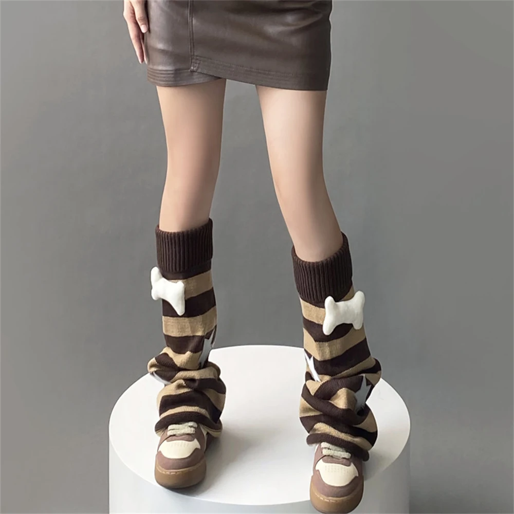 

Harajuku Women's Winter Leg Warmers Socks Japanese Girl Gothic Striped Stars Knitted Warmer Long Socks Punk Foot Cover Stretchy