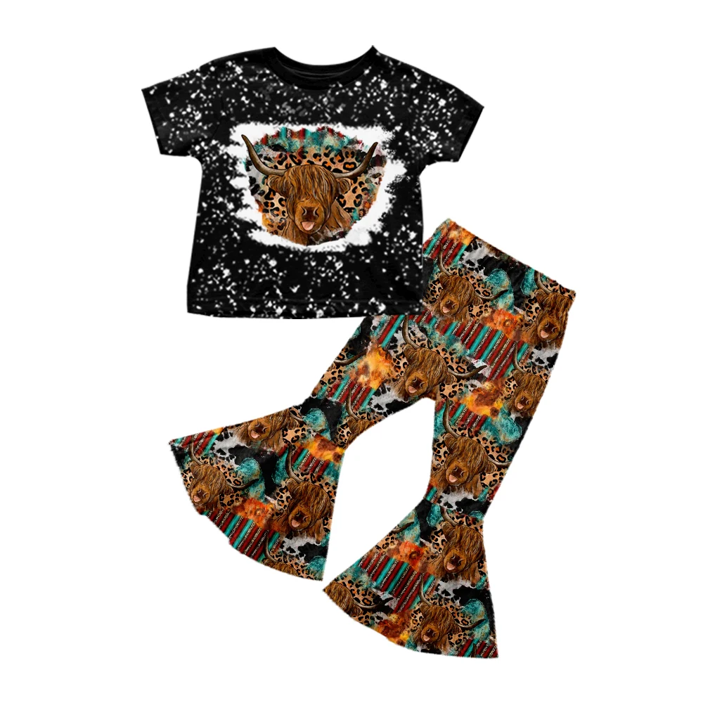 

Wholesale Girls Sets Black Bleach Highland Cow Short Sleeve Leopard Bell Bottom Pants Outfits Matches Baby Rompers