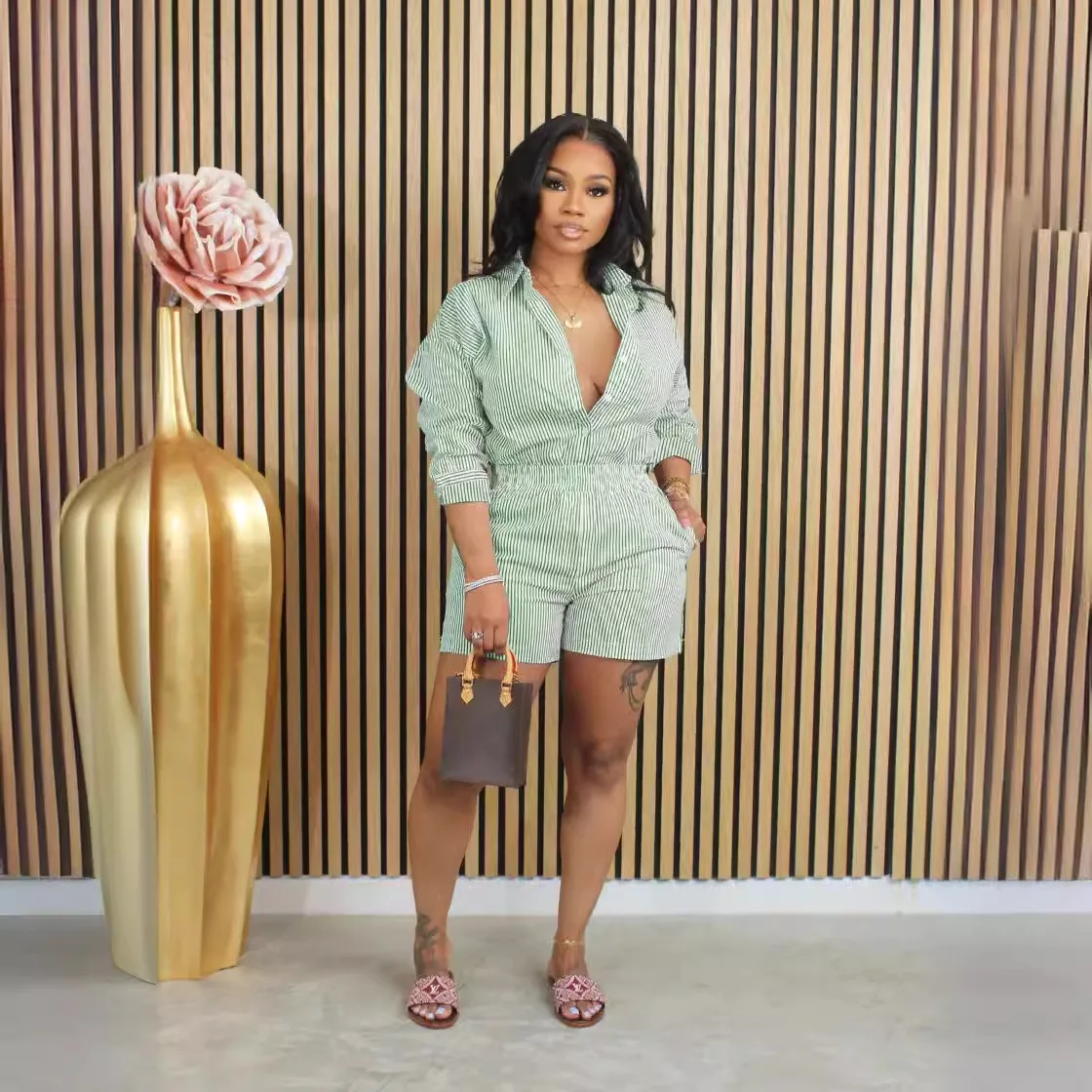 2025 Women Clothing Fashion Casual Striped Button Lapel Long Sleeve Suits Buttons Shorts Two-piece Set Wholesale Dropshipping