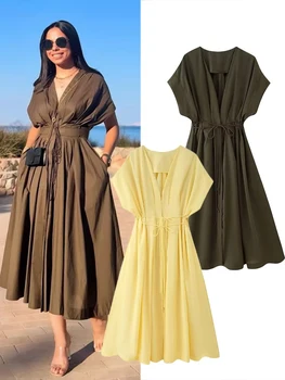 HH Women's New Fashion V-neck Pleated Down Shoulder Short Sleeve Midi Dress Female Temperament High-waist Casual Long Dress 1