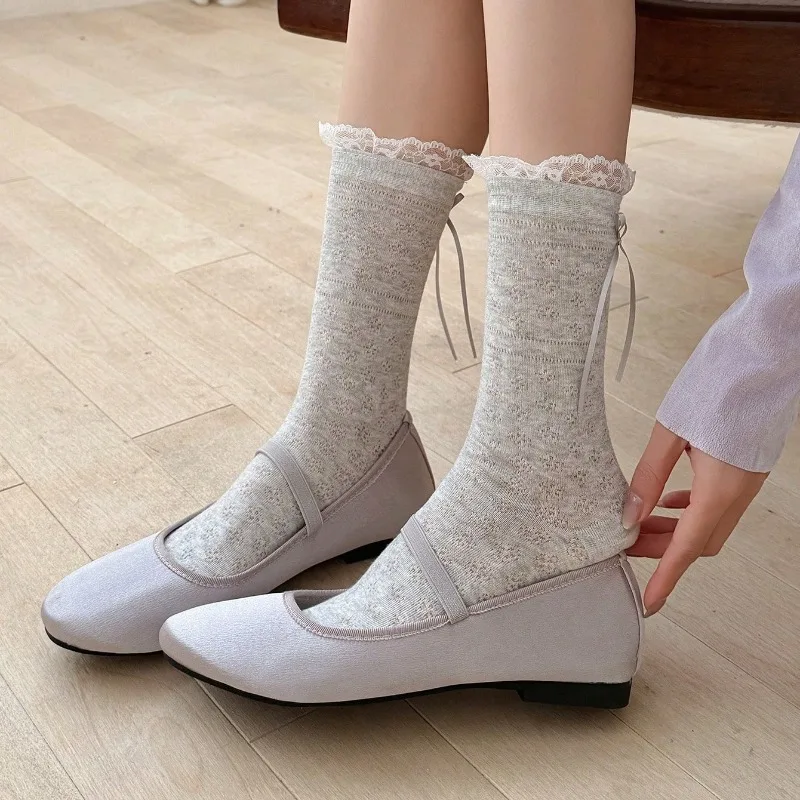 Women Socks New Fashion Spring Summer Thin Cute Lace Bow Long Socks For Women Solid Color Mesh Cute Lolita Girls Socks - 4