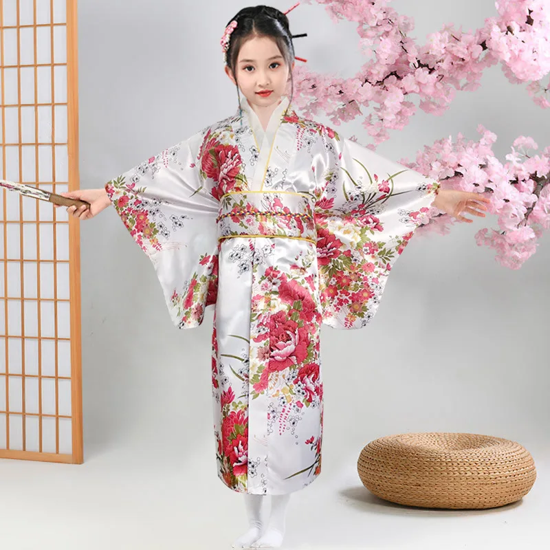 Kimono Epiphyllum Per Bambini Asiatici Stampato Accappatoio Giapponese Ragazza Temperamento Fiocco Principessa Gonna Performance Dress Kimono