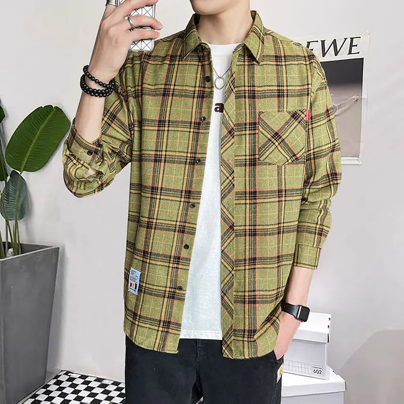 thumbnail image 1 of Camisa y blusa para hombre, manga larga, para hombre, con bolsillo, a cuadros, marca barata, botones, ropa de lujo original, estética social, cuello, 1 of 5