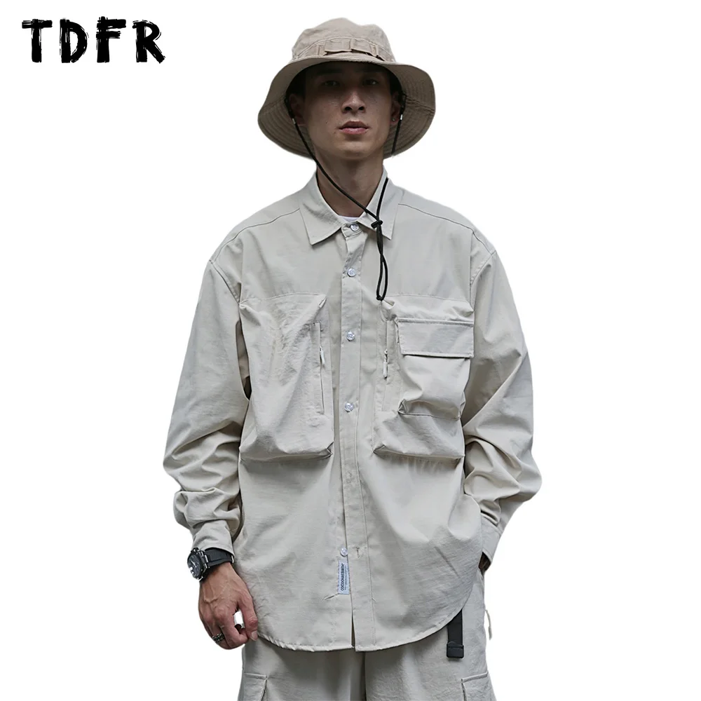 

Pocket Cargo Shirts Mens Autumn Casual Solid Color Safari Style Curved Hem Loose Lapel Single Breasted Long Sleeve Shirts Men