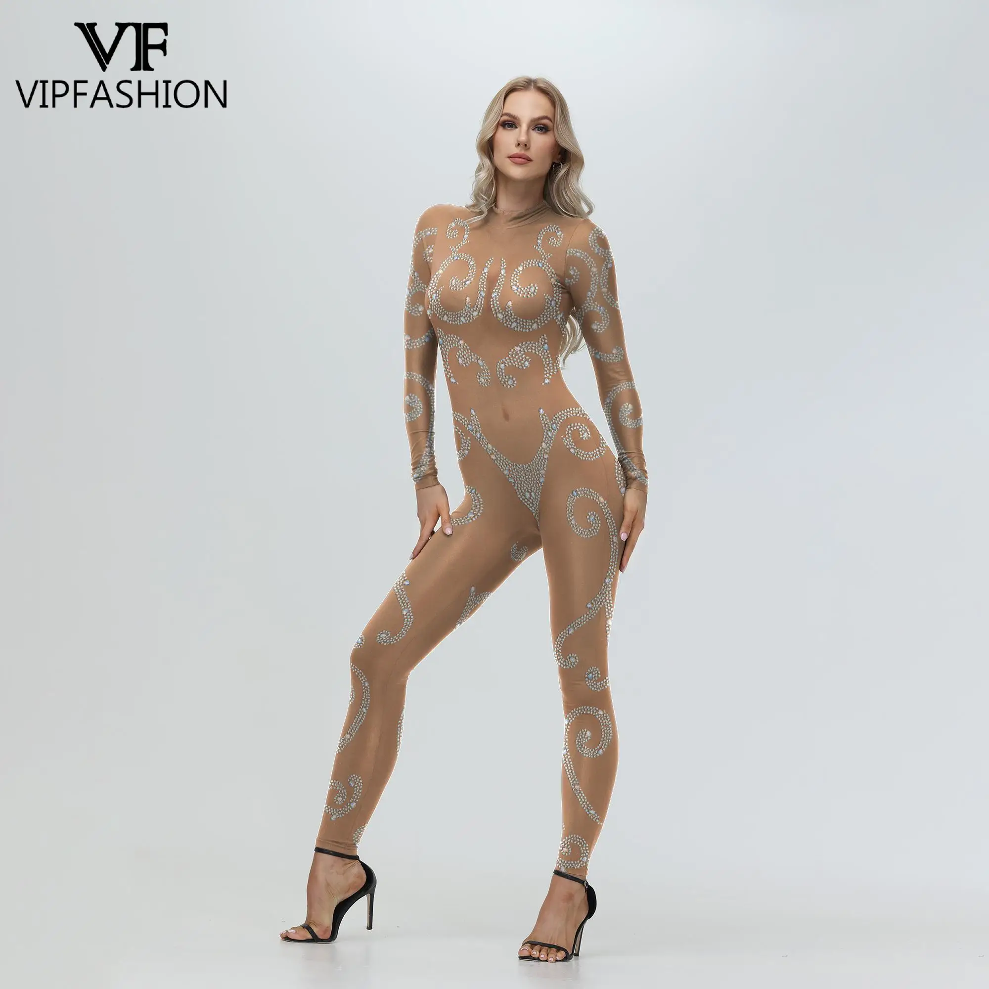 VIP FASHION Skin Color Rhinestone Print Jumpsuit for Women Elegant Zentai Bodysuits Lady Festival Catsuit Cosplay Party Costume cosplay costume adult unitard