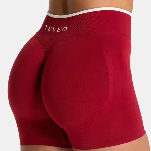 TEVEO Short de sport sans couture pour femme, blanc uni, taille haute, effet push-up, idéal pour le yoga et la course à pied