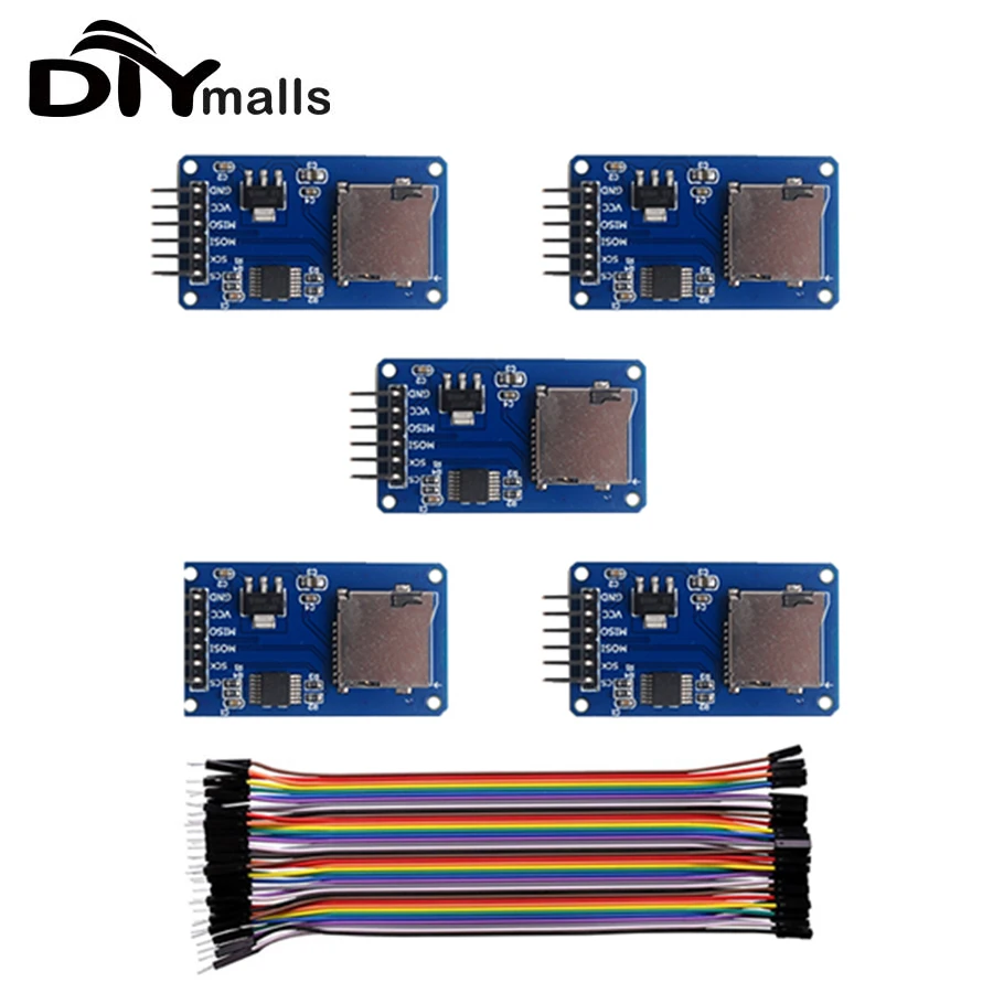 DIYmalls 5PCS SD Card Module Mini TF Card Reader Writer Sensor + 40P Male to Female Dupont Cable for Arduino Mega2560 Nano ESP32