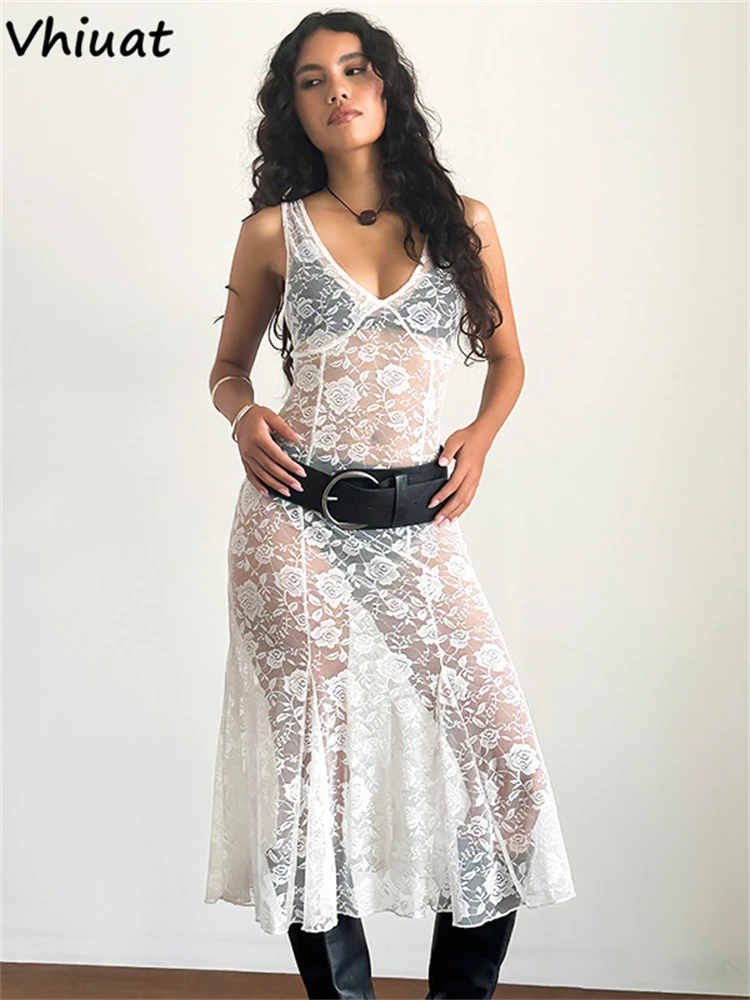 

Vhiuat Sexy Sleeveless V Neck See Through Lace Fashion Midi Dress Sexy Club Floral Print Beach Party Dresses Vestido Summer 2024