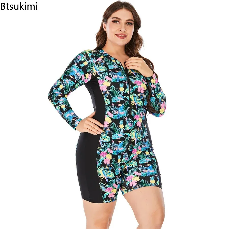 New 2024 Big Size Swimwear Women One Piece Flower Print Long Sleeve Diving Surfing Suits for Ladies Oversized Swimsuit Beachwear