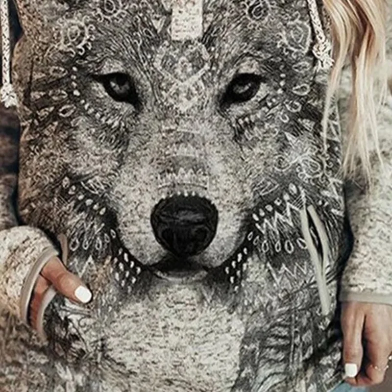 Felpa Con Cappuccio Donna Stampa Lupo – Pullover Animale Girocollo Con Tasca – Casual E Morbida, Misto Cotone – Modello Gufo/Lupo