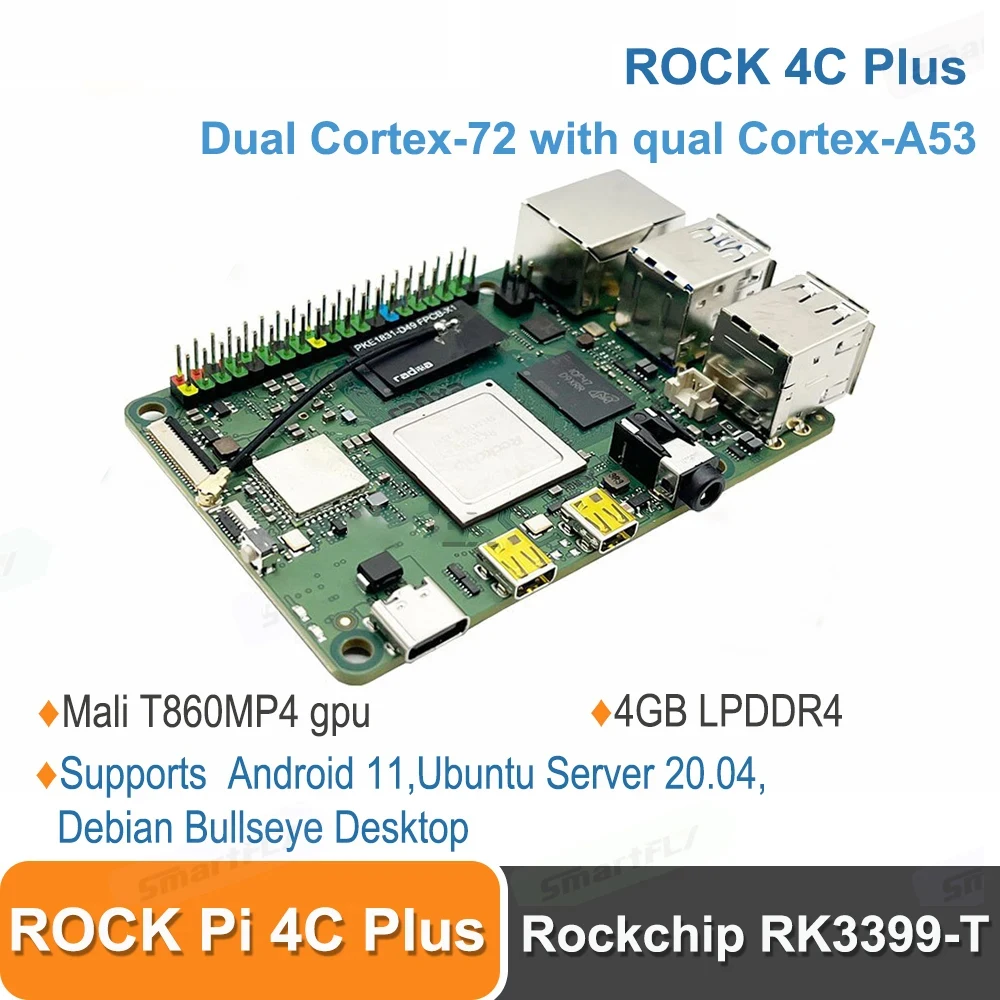 

ROCK Pi 4C Plus 4 Гб SBC Rockchip RK3399 -T одноплатный компьютер с поддержкой Android 11/Ubuntu Server 20,04/система Debian