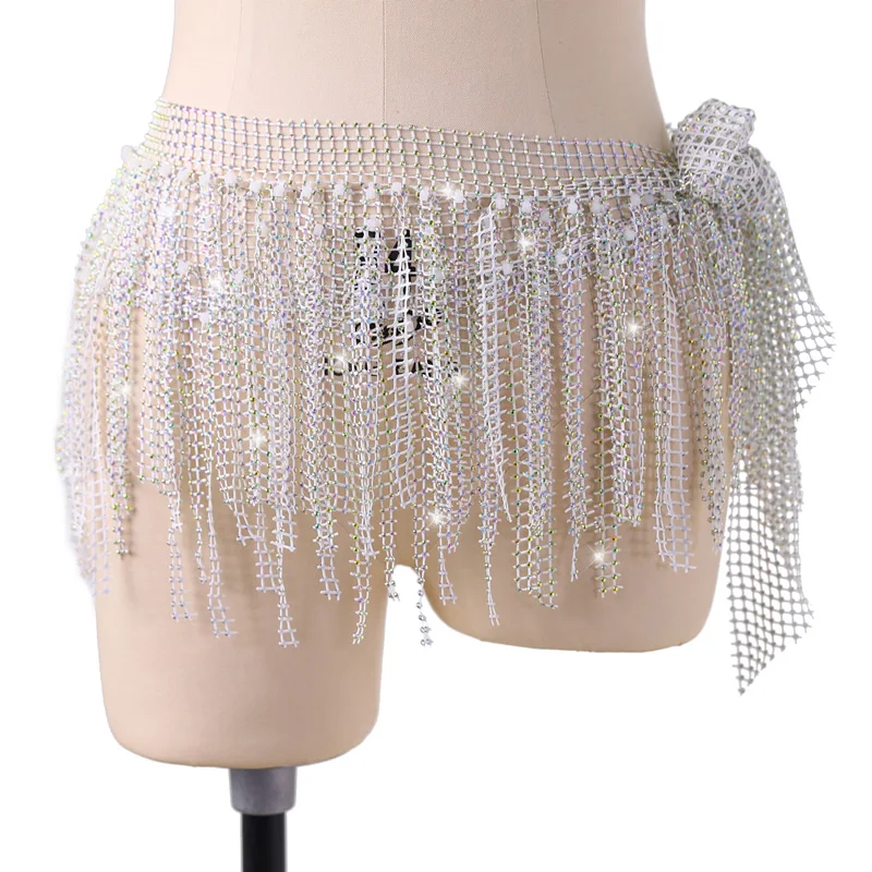 Sciarpa Per Fianchi Danza Del Ventre Donna Con Paillettes E Nappe - Cintura Gonna Bianca 140x41 Cm