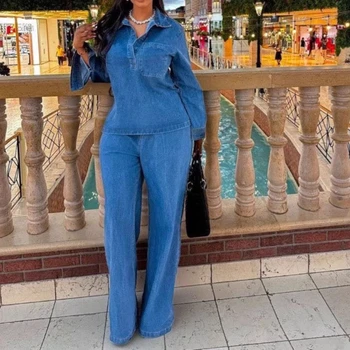 Denim Pant Set Women Two Piece Sets Matching Sets Streetwear Casual Loose Shirt Wide Leg Long Pants High Waist Y2k Mom Jeans 1