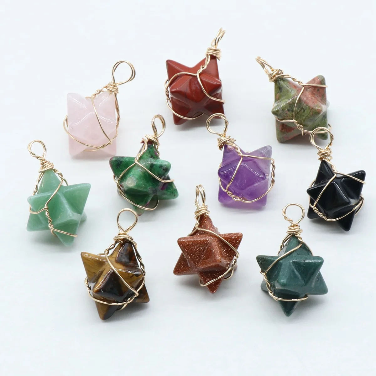 8PCS Tigers Eye Merkaba Star Pendants for Making Jewelry Necklace Stone Dangle Charms Healing Chakra Crystal