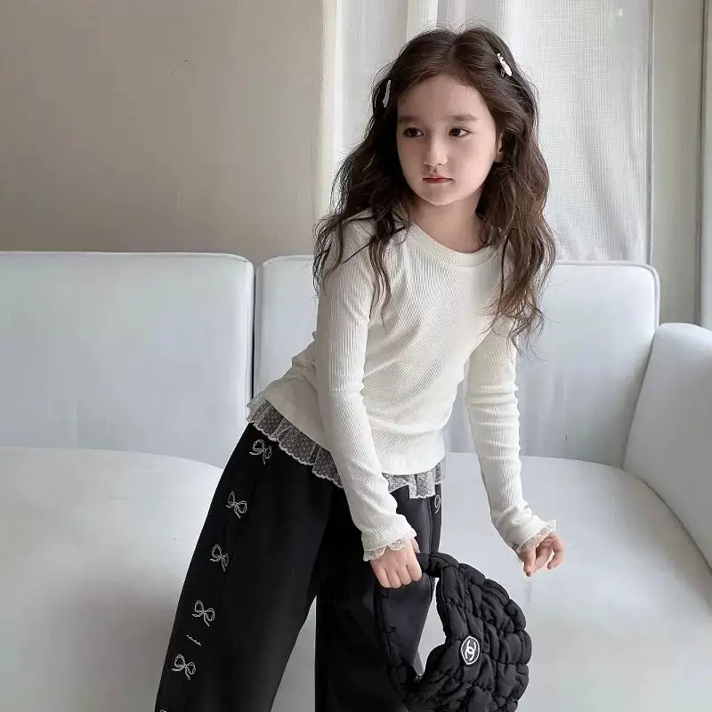 여아 레이스 긴팔 티셔츠 봄 가을 아동 패션 풀오버 탑 다용도 니트 스웨터 한국 스타일 이너웨어