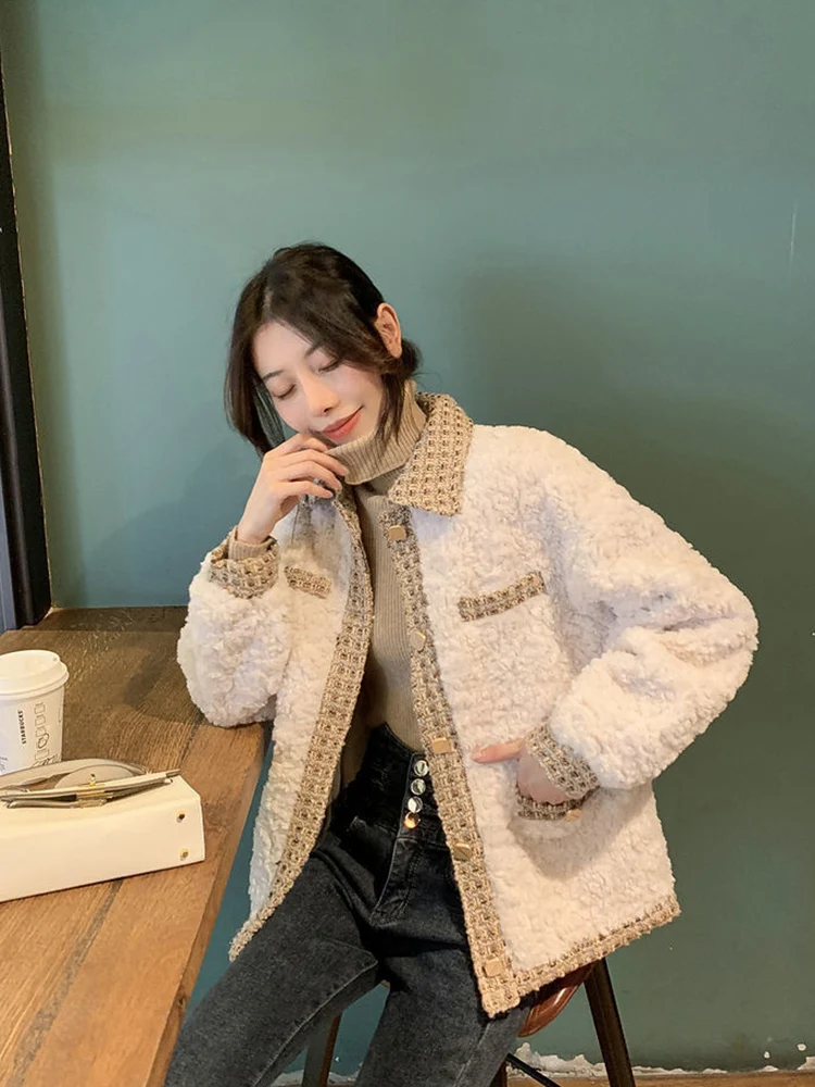 

Zoki Women Sweet Faux Lamb Coats Korean Preppy Style Patchwork Elegant Jacket Winter Fashion Loose Long Sleeve Lady Casual Coat