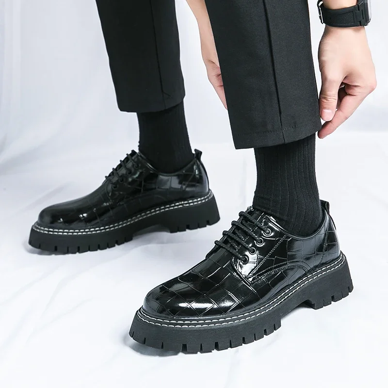 Men Shoes Lace-up Round Toe Stone Pattern Dress Shoes Size 38-46
