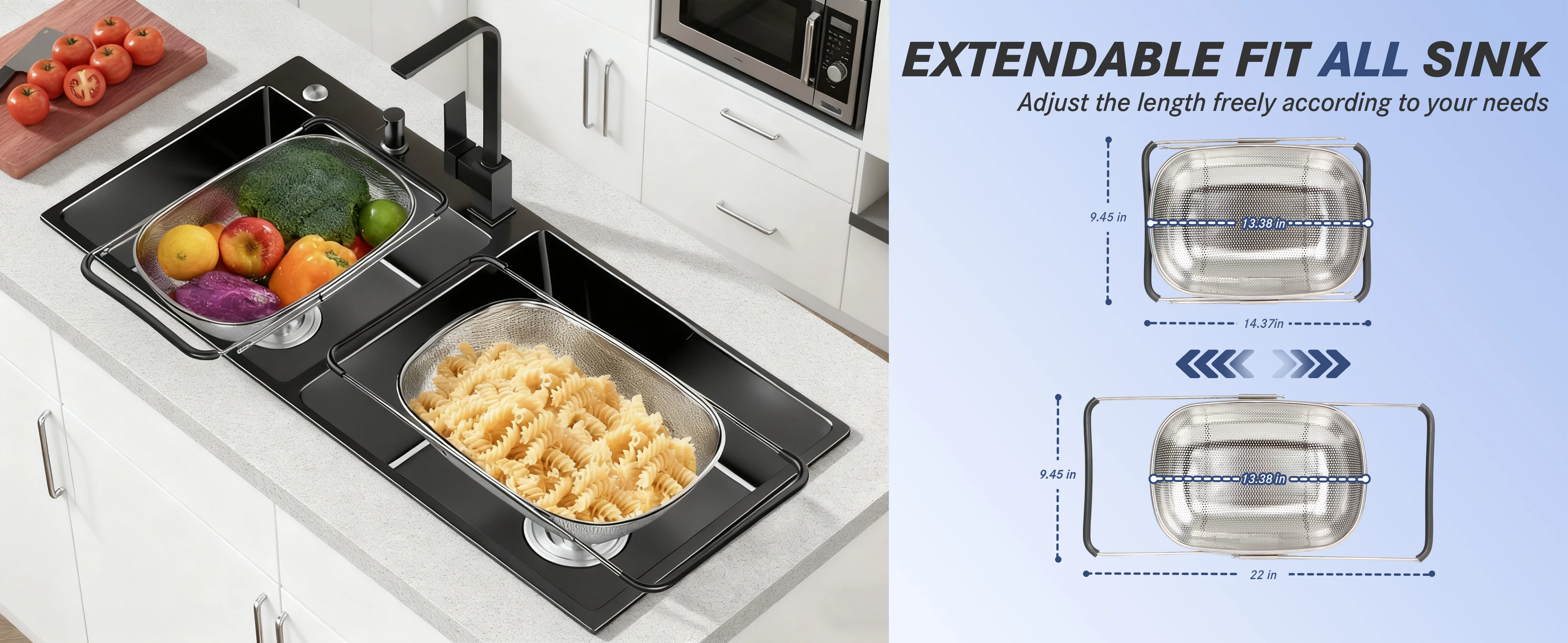 tastyWay Set Stainless Steel Over Sink Colander with Telescopic Handle - Metal Mesh Strainer Basket for Washing Fruits & Vegeta 2 Sea8e173295274d02b1b94dc24ed2b0f2f