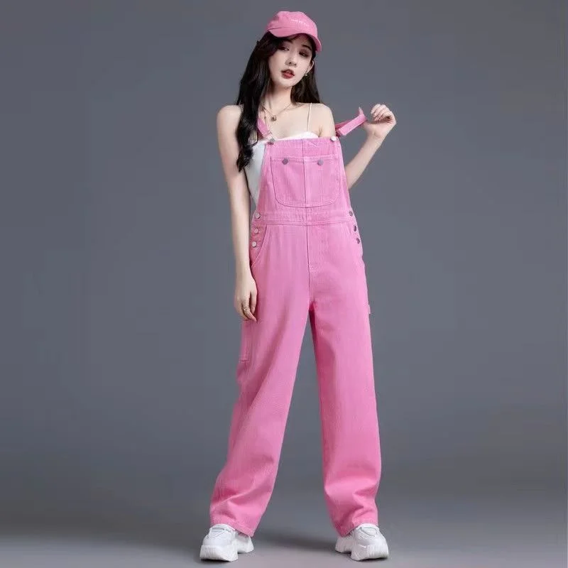 

Jumpsuits Women Vintage Washed Ins Pink Retro Denim College 2023 Overalls Preppy All-match BF Spring Chic Solid Streetwear Sweet