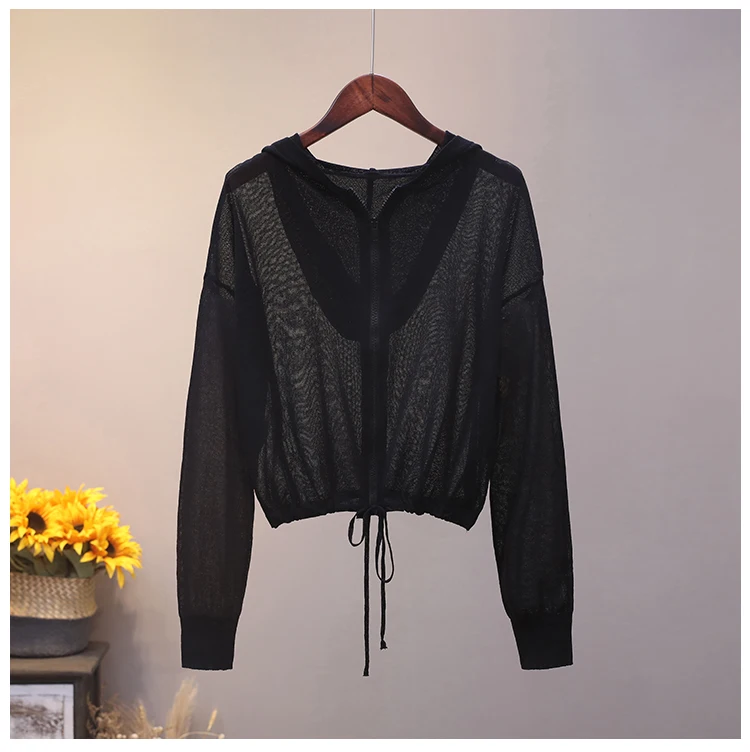 Women's Summer Thin Hooded Lace-up Loose Knit Smock Short Style Over A Casual Cardigan Top sheer bathing suit cover up