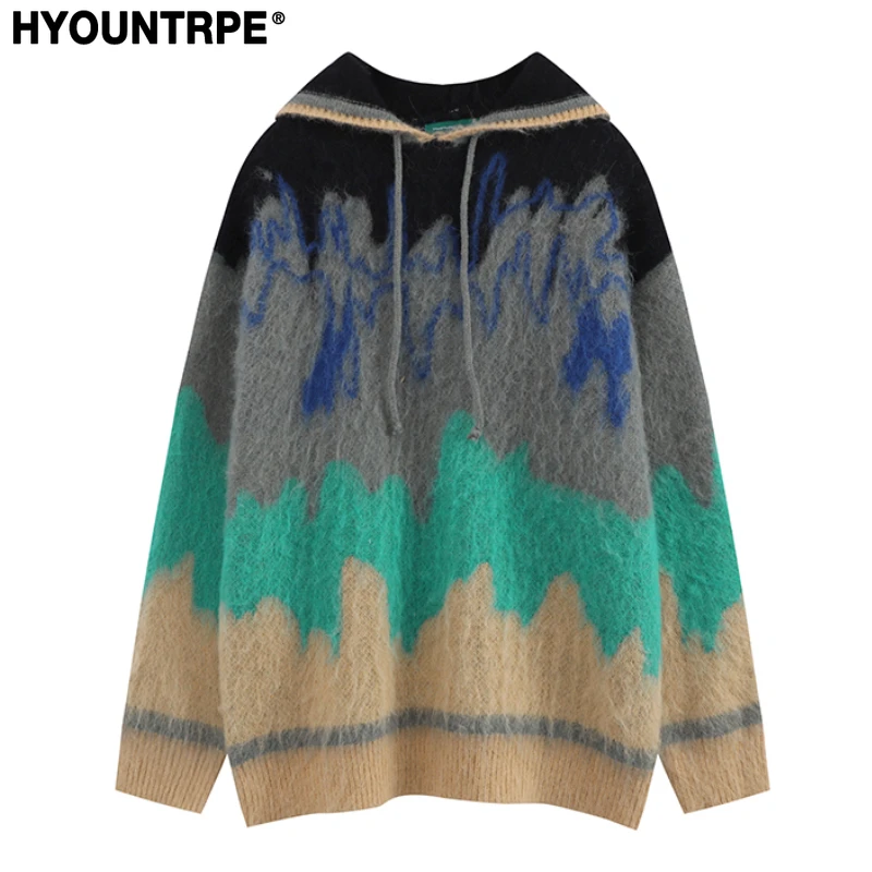Fashion Colorful Knitted Hooded Sweater Unisex Harajuku Sweater Warm Furry Pullover Streetwear Sweaters Hoodies Jumpers Knitwear