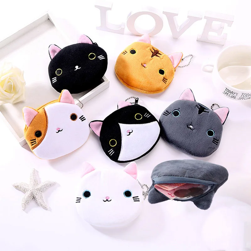 Coin Purse Coin Wallet Plush Coin Purse Women's Soft Plush Cat Animal Zipper Coin Holder Pouch Key Money Card USB Cable Headset Bag Wallet