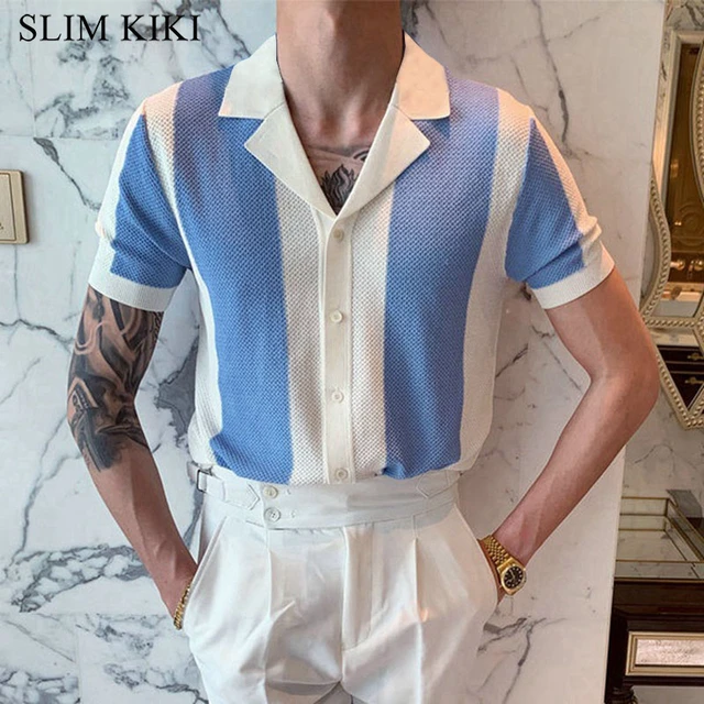 Camisa Corta A Rayas Con Botones Para Hombre Blusa De Verano Moda Masculina  Lujo