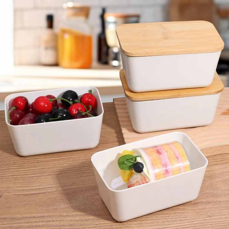 Butter Dish with Bamboo Lid Cover Rectangular Sealed Storage Box Restaurant Storage Plate Food Crisper Box for Countertop Fridge 3