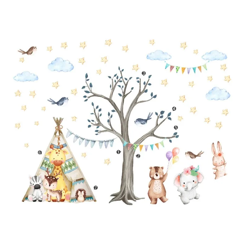 4pcs Hand Painted Tree And Bear Forest Animal Cartoon Wall Sticker Background Wall Decoration Self-adhesive Mural Wall Sticker
