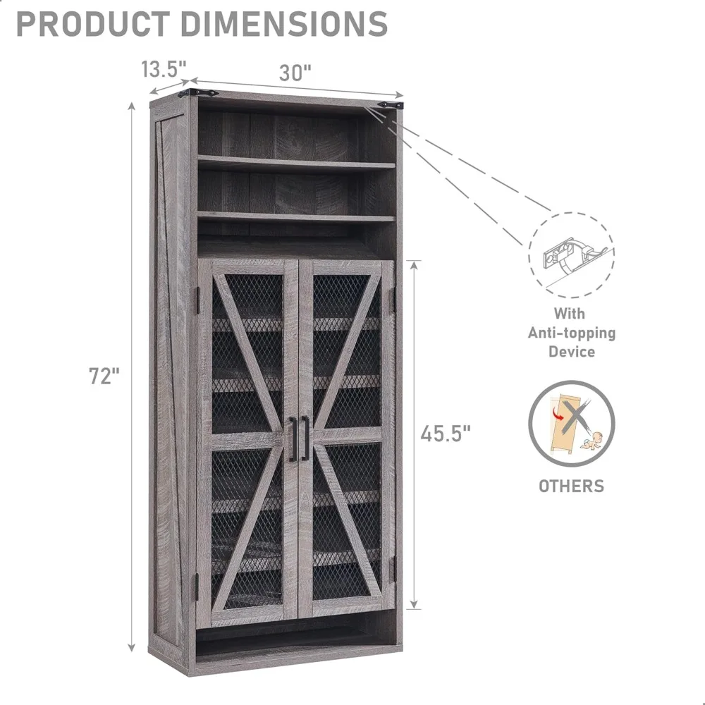farmhouse shoe cabinet, 72" tall with mesh doors and adjustable shelves, rustic wooden shoe organizer, modern large cabinet sto