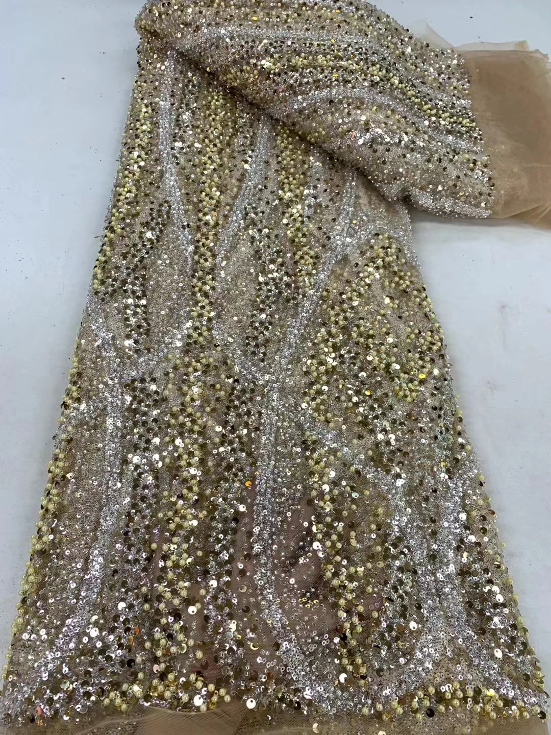 

5Yards French 3D Beaded Tulle Lace Fabric 2024 High Quality African Net Groom Lace Fabric With Sequins For Evening Party Dresses