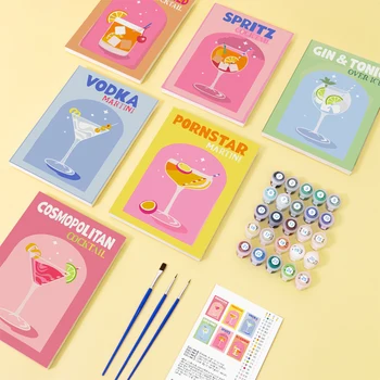 Pack of 6 paint kits with numbers with brush and acrylic colors painting artistic color cocktail culture painting acrylic oil DIY for adults 1