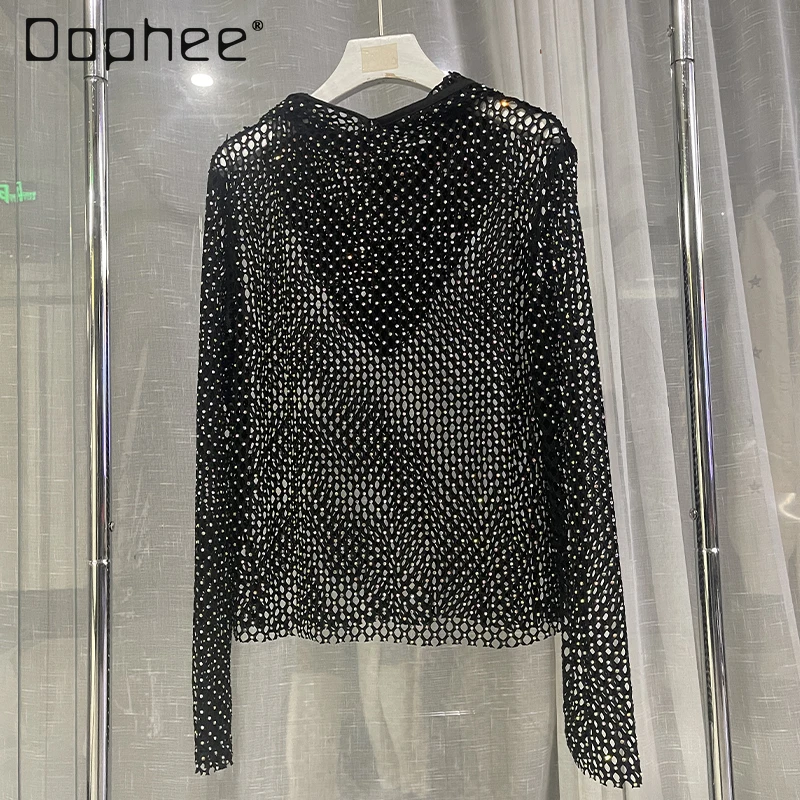 Diamond-Encrusted Net Drill Long Sleeve Top 2024 Spring Vacation Clothes American Style New Blusas Hollow Thin Shirts for Women european and american bridal wedding belt exquisite diamond encrusted belt