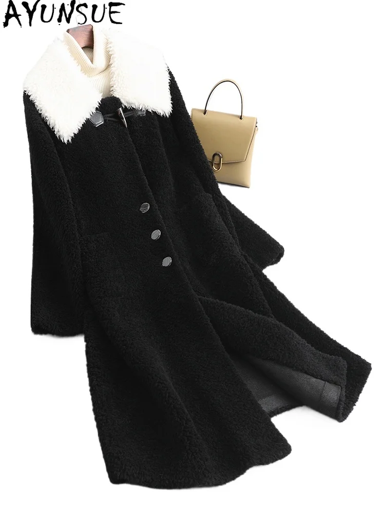 AYUNSUE 96% WOOL 2024 Winter New Color Colliding Lamb Wool Horn Button Fur Integrated Coat Medium to Long Fur Coat LJ1236