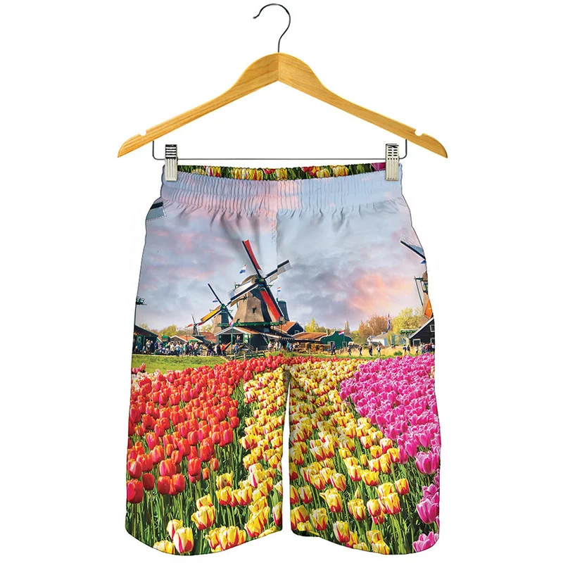 

Fashion Tulip Floral Beach Shorts For Men 3D Printed Plants Flower Short Pants Surf Board Shorts Summer Loose Kids Swim Trunks