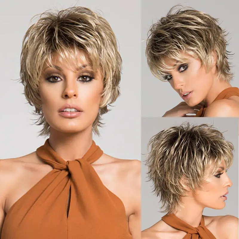 Cute Mommy Wig Short Hair with Bangs Fluffy Blonde & Brown Synthetic Curly Wavy Wig Natural As Real Hair Party Wigs for Women