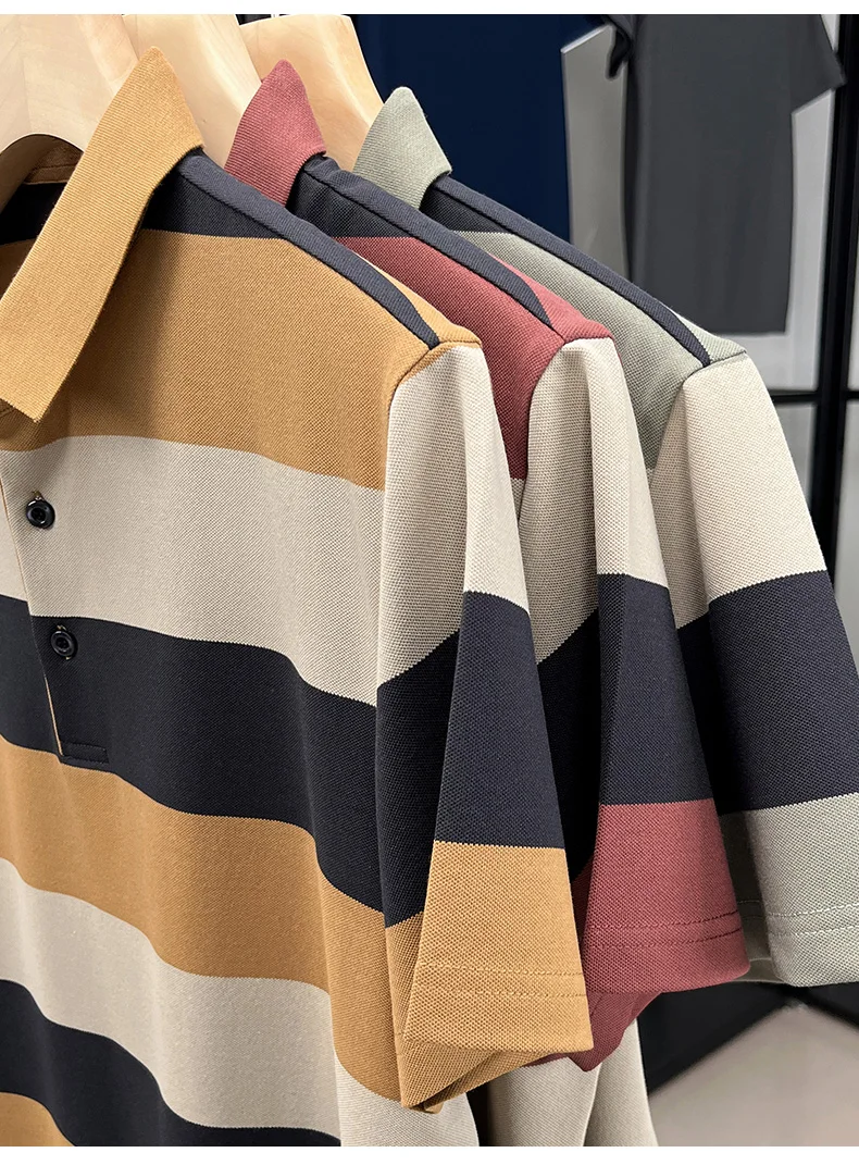 High end fashion men short sleeve polo shirt summer trend stripe men's wear middle-age business casual breathable lapel T-shirt 16 Sea8f2d87566e4a72976955f10f4540f9A