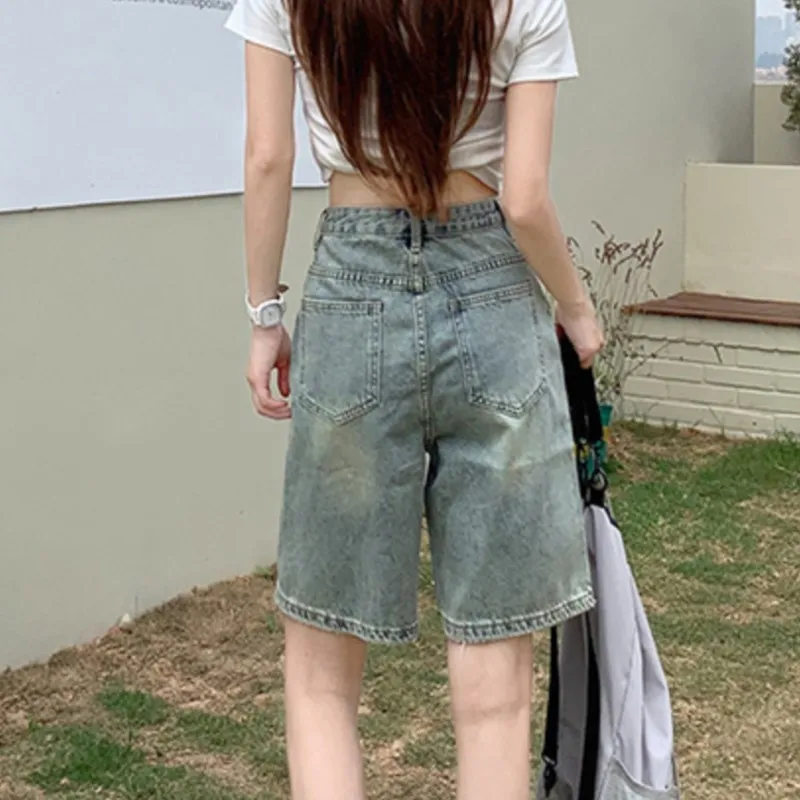 여성용 하이웨이스트 루즈핏 데님 반바지, 슬림한 캐주얼 와이드 레그, 5 포인트, 블루 무릎 바지, 여름 신상
