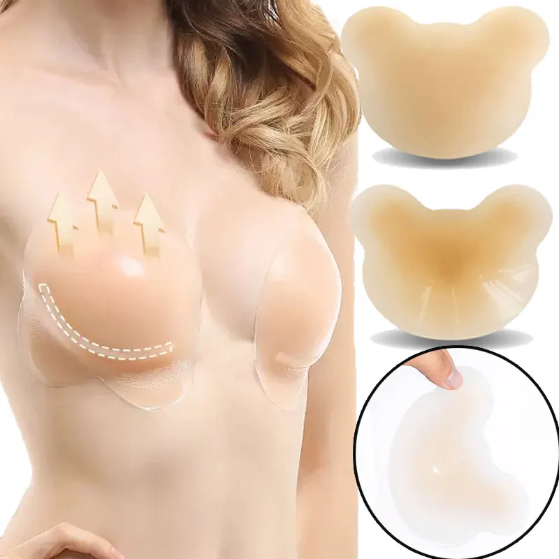

2PCS Reusable Bear Nipple Cover Lift Breast Patch Self-adhesive of Silicone Invisible Bra Sports Push-up Chest Paste Underwear